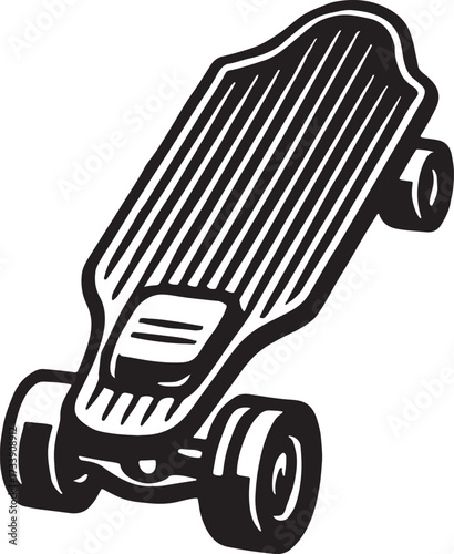 Vintage style woodcut illustration of a classic skateboard with striped deck and four wheels isolated on white background