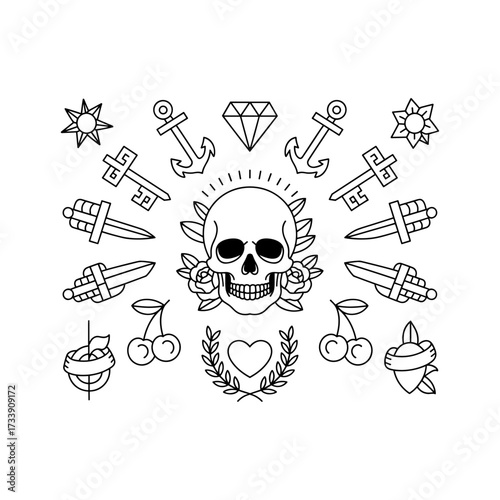 Skull and Vintage Tattoo T-shirt Vector Designs and Edgy, Punk-Inspired Graphics & Retro Tattoo Illustrations for Custom Graphic Tees-05
