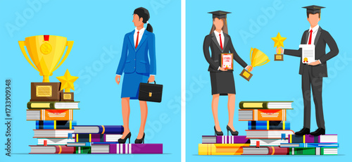 Woman and graduate men standing on books next to trophy award. Education and competition concept for success, career goal.