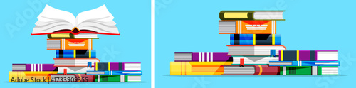 Stack of colorful education book with an open teaching book. Learning and knowledge concept for school, library, or university.