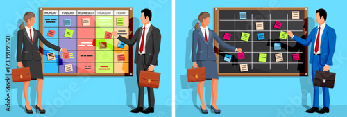 Business woman and man standing near a weekly task board with colorful sticky notes, planning and organizing tasks. Effective time management concept.