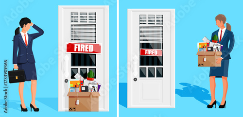 Unemployed woman standing near a door with fired sign holding a box with office belongings. Job loss and dismissal concept.