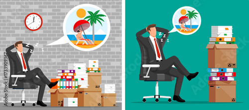 Businessman sleeping at work dreaming of tropical vacation. Office employee resting during a busy day with a pile of documents.