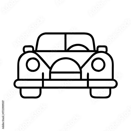 Vector art of front view of a classic car, presented as a simple line drawing