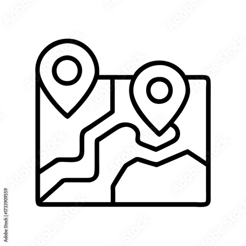 Vector art of two location pin markers on a map represents navigation and travel planning