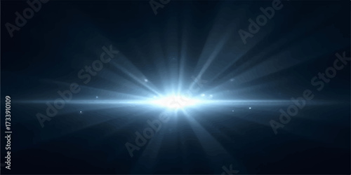Bright blue sky with shining sun rays and sparkling starburst light background