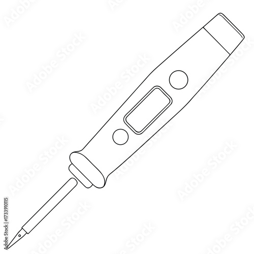 Line drawing of a digital soldering iron with a display screen and buttons electronic tool