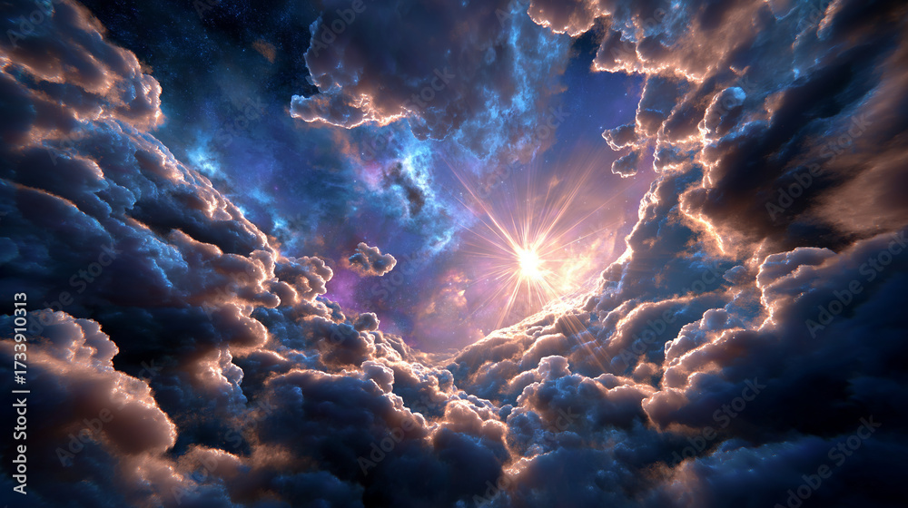 Obraz premium A breathtaking cosmic display showcases vibrant colors and swirling clouds in a digital artwork of the night sky, under soft cosmic light, highlighting radiant hues and ethereal mo