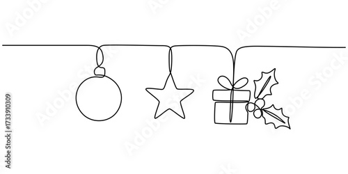 Merry Christmas decoration continuous one line drawing, Holiday card. Vector illustration, Gift Box, Christmas bell with ribbon, Festive stars and balls drawn with continuous line in minimalism, style