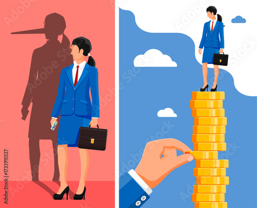 Woman with long nose shadow standing next to a hand building a coin stack with a businesswoman on top. Business ethics and career growth concept.
