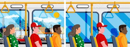 People riding bus inside with city skyline view. Daily commute on public transport. Vector flat style illustration set.