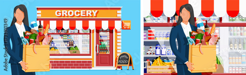 Woman holding a grocery bag with food purchases, standing front of grocery shop. Retail store service concept. Flat style illustration.