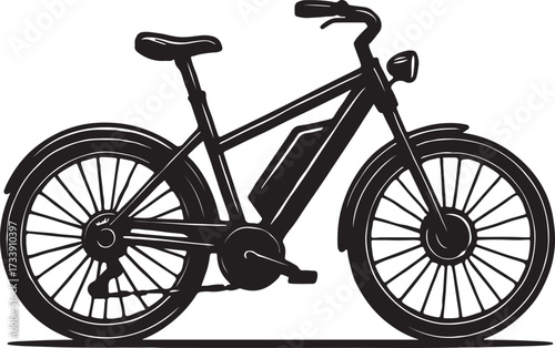 Detailed black and white sketch of a modern electric bicycle showcasing its frame battery and wheels