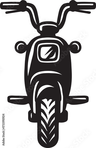 Classic black and white illustration of a vintage motorcycle viewed from the front with handlebars and tire detail