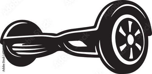 Stylized black and white illustration of a self balancing electric scooter on a plain background