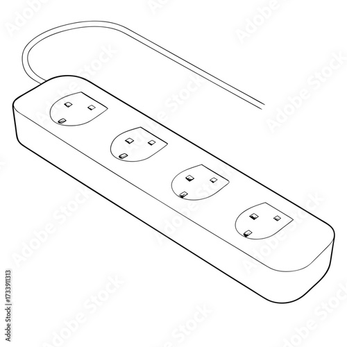Line drawing of a white power strip with four UK-style sockets and a cord extension cable