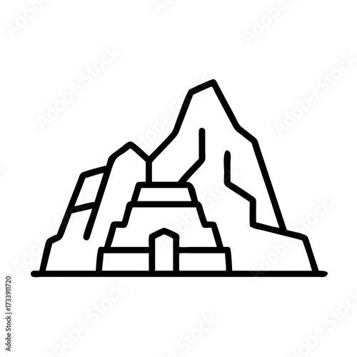 Vector art of outline icon of a mayan temple with a mountain in the background