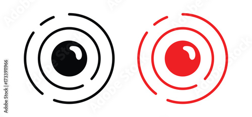 Surveillance Eye Icon Vector – Monitoring, CCTV, Live Recording, Alert Signal, Sensor Detection, Scanning, and Facial Recognition in Black and Red Variations