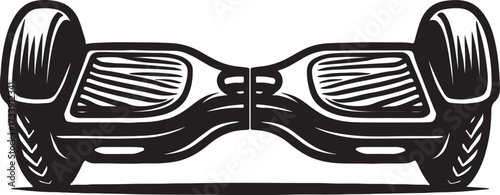 Stylized black and white woodcut illustration of a futuristic personal electric self balancing scooter viewed from the front