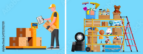 Caucasian man courier weighing parcel on scale. Warehouse rack storage with cardboard boxes and various household items for moving service.