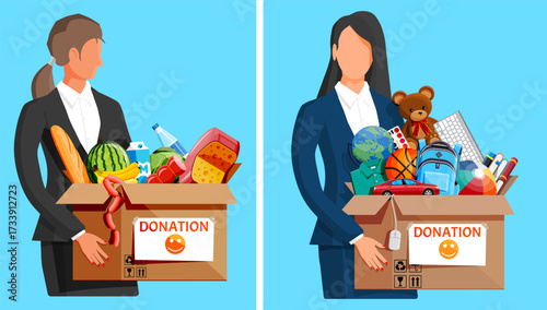 Two women holding donation boxes filled with food, goods, and toys. Charity and volunteering concept in flat style illustration.