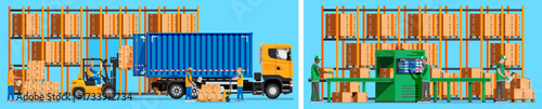 Warehouse logistics operations. Worker men loading boxes onto a truck with a forklift and conveyor belt. Goods delivery and storage concept.