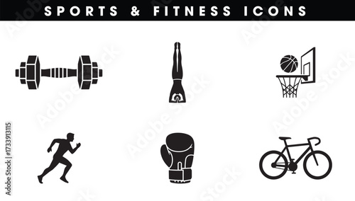 Sports and Fitness Icons: Dumbbell, Running, Handstand, Boxing, Basketball, Cycling