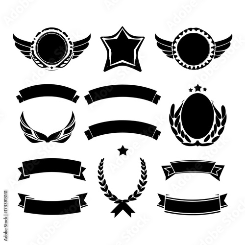 UI icons for game levels comprise empty golden medals with accompanying banners, wings, star symbols, and laurel wreaths, along with isolated frames for awards and bonus graphical elements to