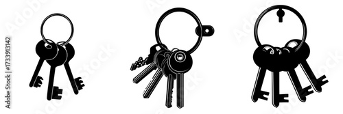 Keys are gathered on a metal ring and a keyhole is depicted in isolation on a white background, as part of a modern and realistic set of 3D door lock, handle, or padlock holes, and tools used by
