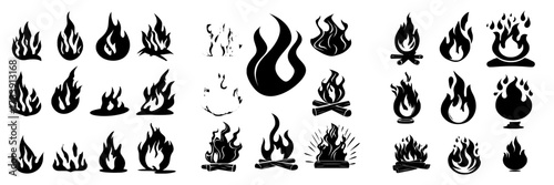 A modern cartoon set featuring a burning fire collection with yellow and orange flames isolated on a black background, including blaze of bonfire, torch or candle, is presented as an animation sprite
