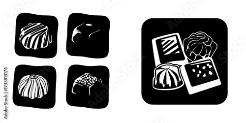 Square buttons with chocolate and hard sugar candy textures are part of a modern cartoon set of glossy icons that include lollipops, caramel with wavy stripes, and desserts with pistachio and crumbs