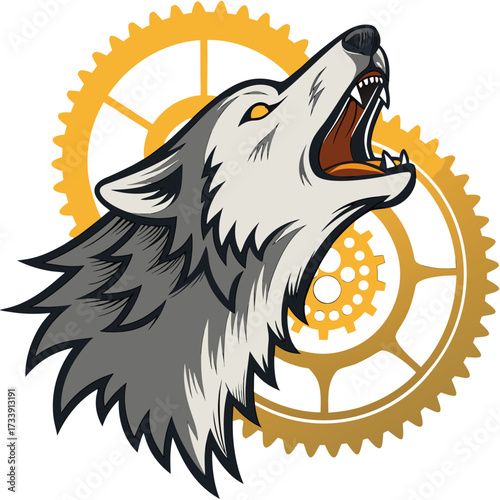 A steampunk wolf head with gears behind it, a ferocious howl.