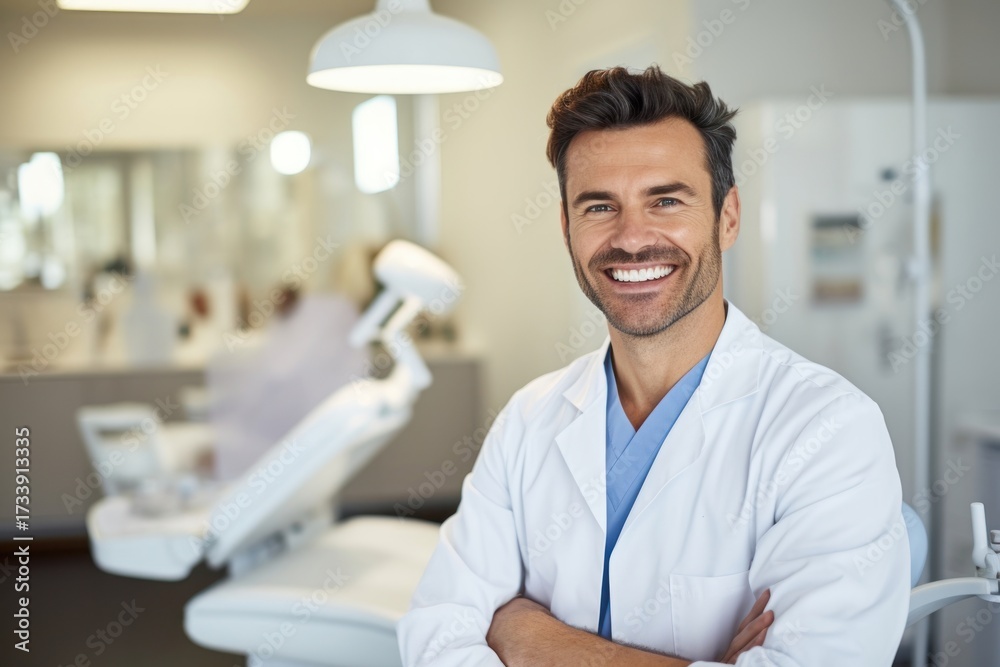 Fototapeta premium Close up of smiling dentist leaning against dentists chair in dental clinic person adult human.