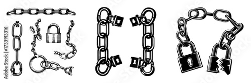Metal chains consisting of intact and damaged links, crafted from silver, chrome, or steel, along with a bob and padlock, and connected by stainless rings, are depicted in a cartoon modern
