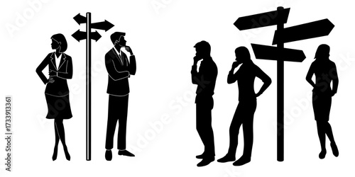 A set of contemporary characters, including men and women, are depicted in a state of perplexity, weighing their options near a road post with arrow signs