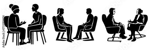 A therapist and patient gather for a counseling session, depicted in modern flat illustrations of a psychotherapist and individuals seated in chairs, symbolizing professional mental health guidance