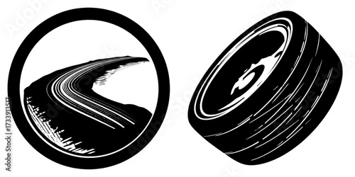 Drift background featuring monochrome texture with wheel marks and rounded tire marks from skidding, presented as a modern isolated texture illustration