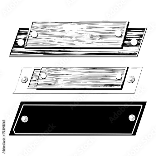 For a mobile game, a set of GUI elements including wooden boards on gold, silver, and bronze panels, metal banners, golden menu buttons, and wood sliders is provided, all isolated on a dark