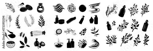 Hand-drawn graphic elements, such as brush strokes, textures, and patterns, are available for use in designing organic and natural products, and can also be applied to modern graphic and web design,
