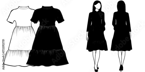 The fashion illustration depicts a modern, CAD-generated, technical flat drawing of a flared, tiered shirt dress for girls and women, showcasing both front and back views