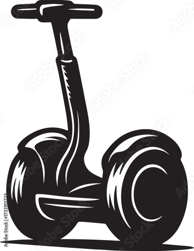 Stylized black and white illustration of a personal electric self balancing scooter with two wheels and handlebars