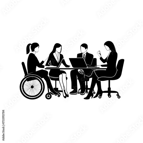 A diverse group of business people, including both disabled and healthy entrepreneurs and office workers, communicate with each other