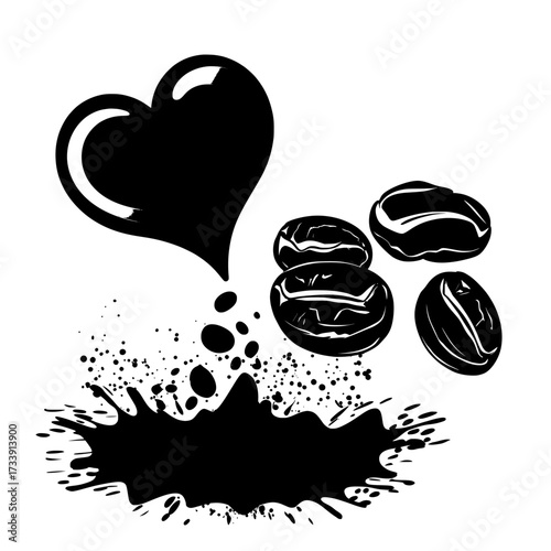 Ground grains are depicted in a realistic 3D modern illustration as bursting into an abstract explosion of brown dust clouds and heart shapes, made from chocolate or coffee powder, isolated on a