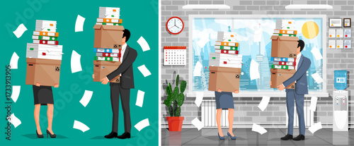 Woman and man overloaded with paperwork carrying stacks of boxes and documents. Administration and bureaucracy concept for business and office life.