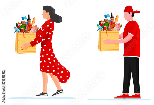 Woman and man with paper bag full of fresh food. Grocery delivery or shopping concept. Online shop service for consumer.