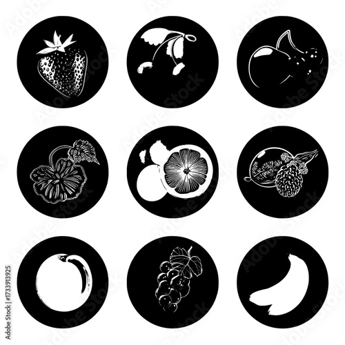 A modern cartoon set of food symbols features fruit and berries icons like strawberry, plum, orange, apple, banana, watermelon, raspberry, peach, grapefruit slice, currant, and gooseberry, all