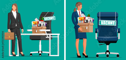 Woman leaving office with box of belongings. Female employee fired or quitting job. Employment crisis and unemployment concept for workforce.
