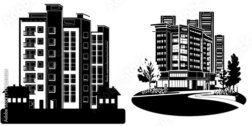 A modern illustration of a flat color apartment building exterior showcases residential real estate and public area