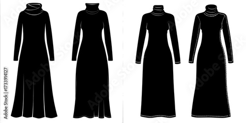 Women Winter Long Dress is illustrated in a fashion drawing, featuring a High Neck Raglan Long Sleeve Knit Maxi Dress and a Turtleneck Long Sleeve Knit Long Dress with front and back views, created