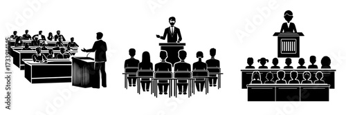 A university lecture hall with a teacher speaking from a pulpit, surrounded by a multiracial group of students, representing concepts of education and international gatherings